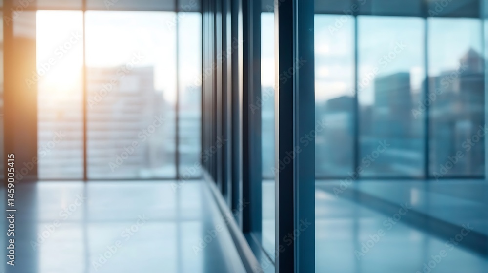 Aufkleber modern office interior with large windows offering a blurred city view at sunset, showcasing sleek g