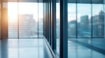 Modern office interior with large windows offering a blurred city view at sunset, showcasing sleek glass and metal framework, creating a bright and airy atmosphere. : Generative AI
