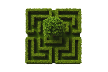 Aerial View of a Lush Green Hedge Maze with a Tree at its Center A Perfect Symbol of Nature's Intricacies