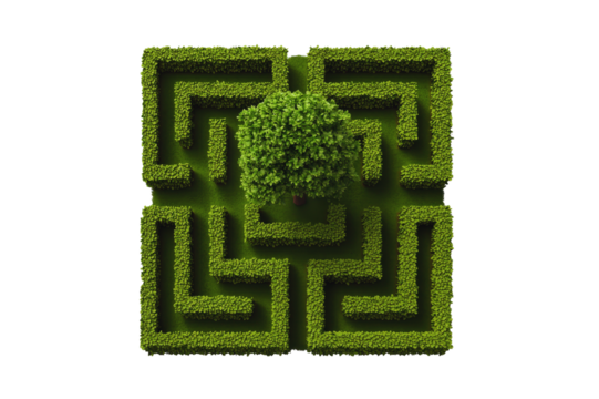 Aerial View of a Lush Green Hedge Maze with a Tree at its Center A Perfect Symbol of Nature's Intricacies