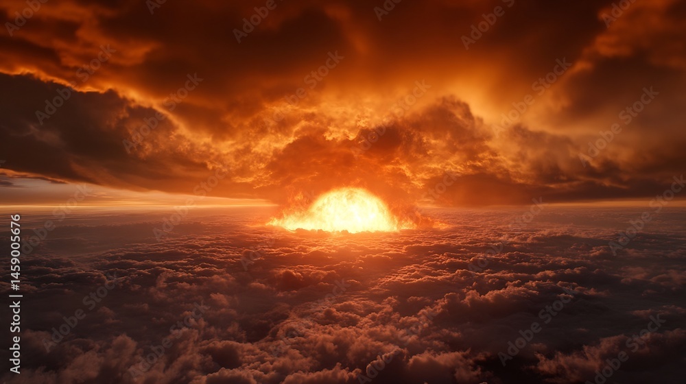 Poster fiery sunset explosion viewed from above a vast expanse of clouds, intense orange and red hues domin