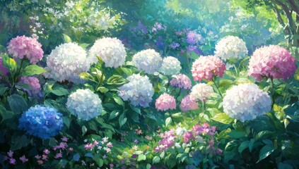 Lush garden overflowing with hydrangeas in various pastel colors. Sunlight filters through the foliage