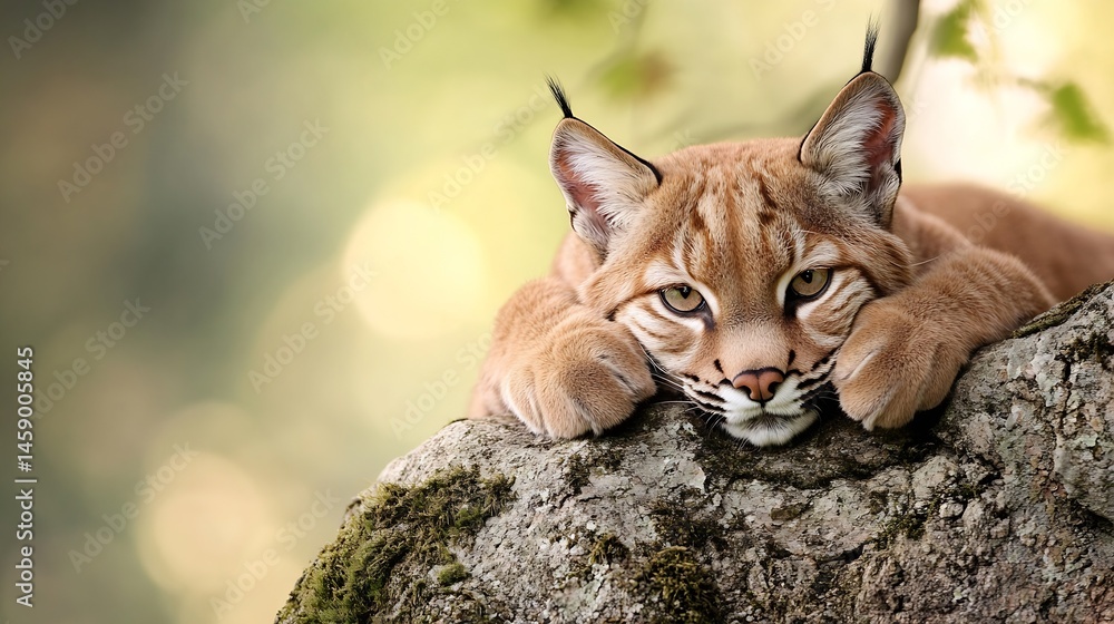 Poster a young eurasian lynx rests peacefully on a mossy tree branch, its amber eyes gazing intently forwar