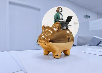 Businesswoman with laptop sitting at the big golden piggy bank. Success Concept. Art collage.