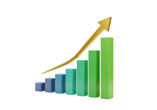 Growing bar graph with arrow isolated on transparent background