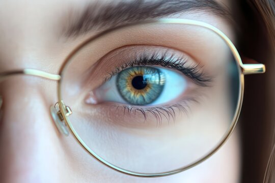 Close-up of woman eye with eyeglasses on bright background