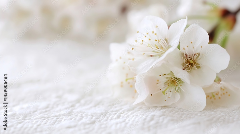 Poster close-up of delicate white cherry blossoms resting gently on a soft, textured white fabric, creating
