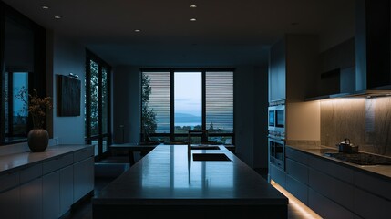 Contemporary kitchen interior at dusk with a view.