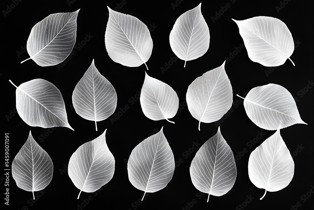 Poster a collection of white leaves with visible veins arranged on a stark black background in a pattern