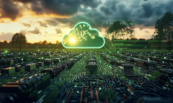 A green cloud icon floating above rows of black data center wires and hard drives, surrounded by small glowing digital clouds.