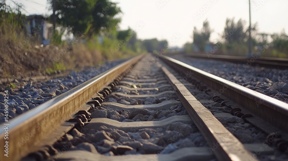 Poster a close-up view of rusty train tracks extending into the distance, the sun casting a warm glow on th