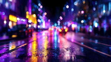 Obraz premium Vibrant city street at night with colorful reflections and blurred lights creating a lively atmosphere