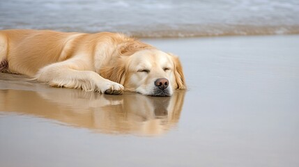 Golden retriever dog sleeping peacefully on a sandy beach, its reflection visible in the calm water.  A tranquil scene of canine relaxation near the ocean waves. : Generative AI