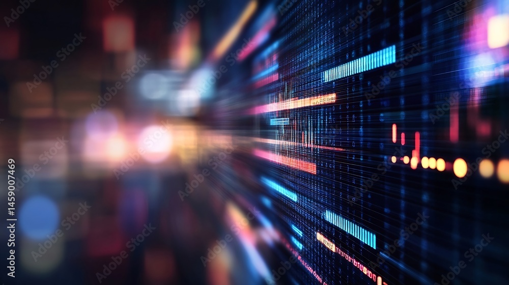 Poster abstract digital data stream with vibrant blue, red, and orange highlights, showcasing a futuristic 