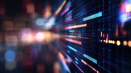 Abstract digital data stream with vibrant blue, red, and orange highlights, showcasing a futuristic technology concept with blurred city lights in the background. : Generative AI