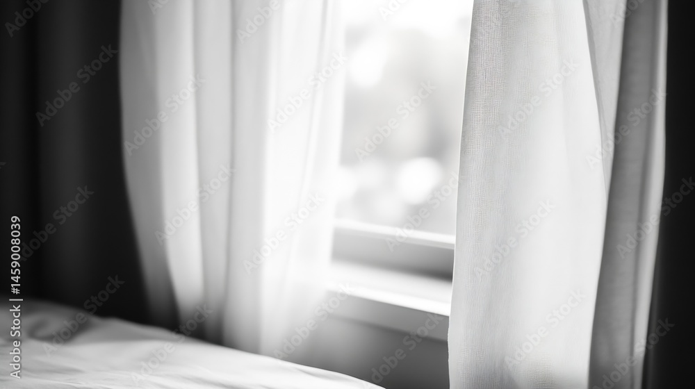 Poster sunlight streams through sheer white curtains in a bedroom, illuminating a portion of a bed and crea