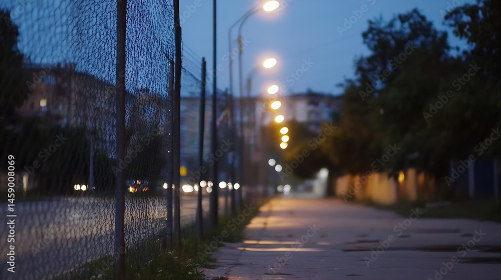 Poster nighttime urban scene featuring a chain link fence alongside a dimly lit sidewalk, with blurred stre