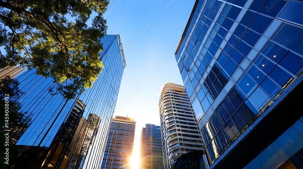 Aufkleber modern city skyscrapers reflecting sunlight, viewed from below with tree branches in the foreground.