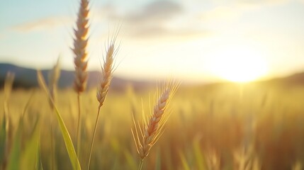 Obraz premium Golden wheat stalks illuminated by the setting sun in a vast field, creating a warm and idyllic summer scene. : Generative AI