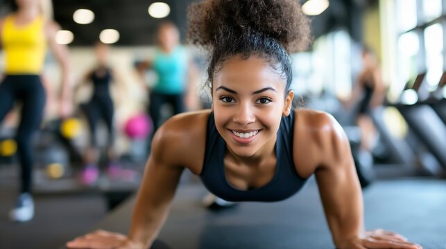 Smiling young woman doing push-ups in a fitness gym, surrounded by other athletes in a blurred background.  She is strong, healthy, and focused on her workout. : Generative AI