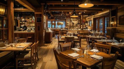 A rustic, wood-paneled restaurant with numerous tables.