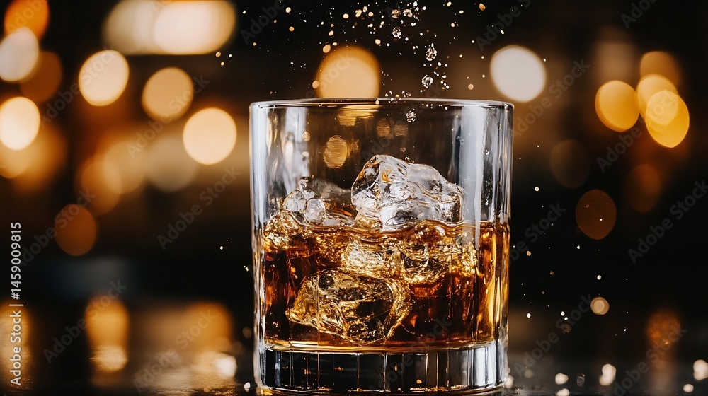 Poster amber liquid with ice cubes in a rocks glass, bokeh lights in the background, suggesting a bar or lo