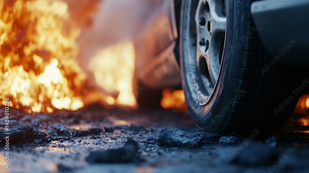 Poster close-up view of a car tire on a dark, uneven road surface with a blurred background of intense flam