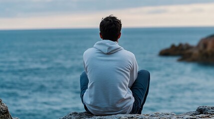 A young man sits on a rocky outcrop, gazing out at the vast, tranquil ocean; the sky is a muted blend of grey and blue, reflecting the calmness of the sea. : Generative AI