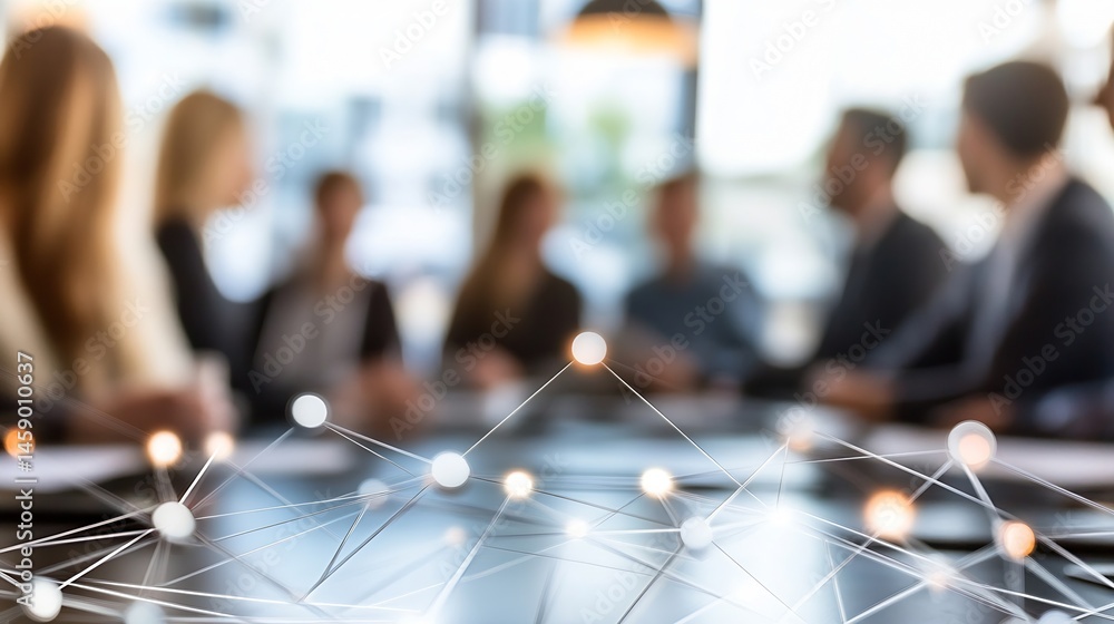 Fototapete Blurred business team meeting with abstract network connection overlay, symbolizing collaboration and global communication in a modern office setting. : Generative AI