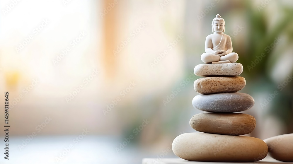 Aufkleber serene buddha statue meditates atop a balanced stack of smooth, natural stones, set against a softly
