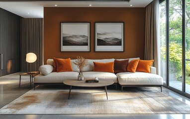 Fototapeta premium Modern living room, orange wall, sectional sofa, garden view, interior design