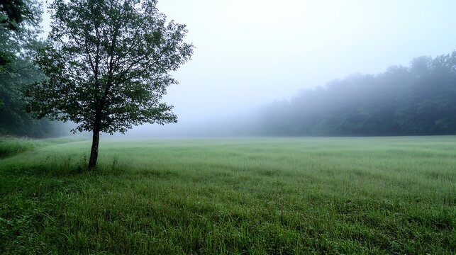 Solitary tree stands in a misty green field, fog shrouds the distant forest creating a serene, peaceful atmosphere. : Generative AI