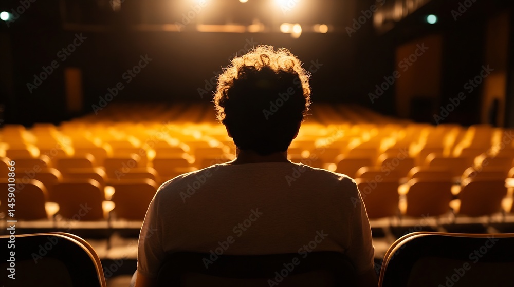 Poster silhouette of a person with curly hair sitting alone in a dimly lit auditorium filled with empty yel
