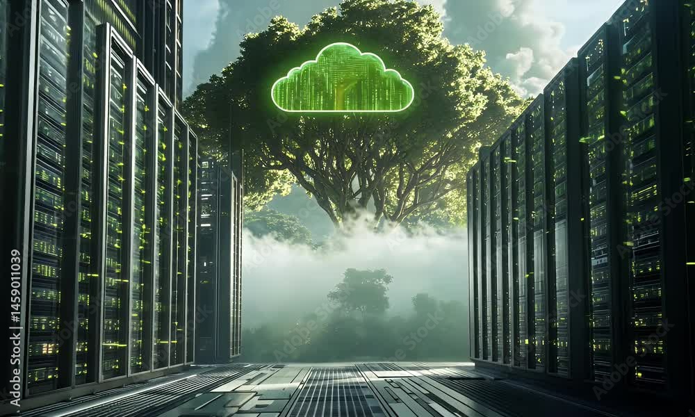 Poster a green cloud icon floating above rows of black data center wires and hard drives, surrounded by sma
