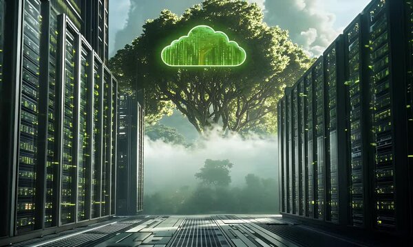 A green cloud icon floating above rows of black data center wires and hard drives, surrounded by small glowing digital clouds.