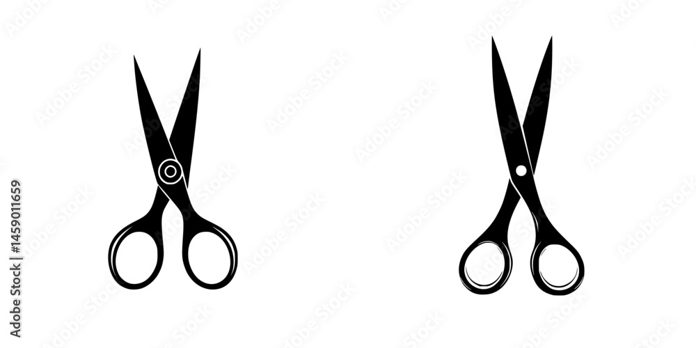 Poster black icon depicting a pair of scissors with symmetrical design for crafting and office use