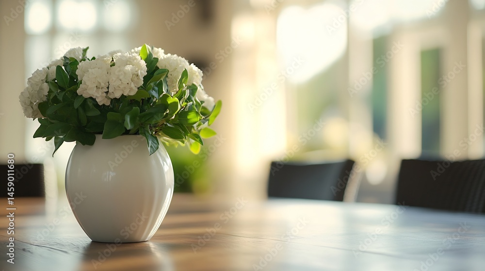 Poster White hydrangeas in a white ceramic vase sit on a light wood table in a sunlit room, creating a serene and peaceful atmosphere. : Generative AI