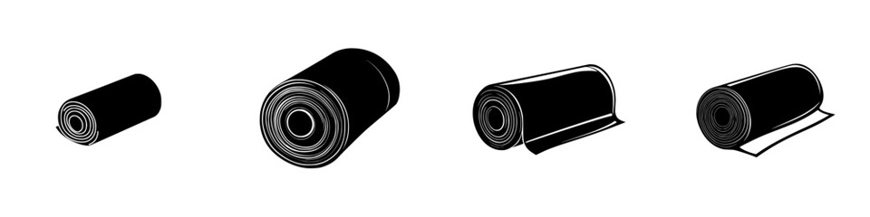Simple black icons of rolled mats showing different positions and angles for versatile design use in various applications