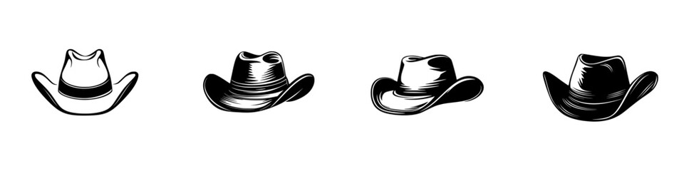 Collection of flat black icons representing different styles of cowboy hats in a simple and minimalist design