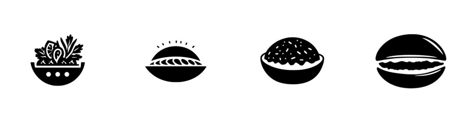 Flat black icons representing various dish types including salads, dumplings, rice bowls, and burgers, perfect for food-related designs and menus