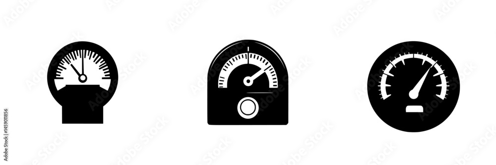 Poster flat black icons of various gauges depicting measurement scales commonly used in engineering and des