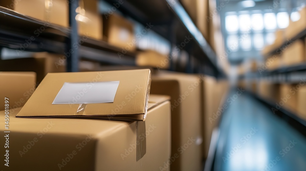 Aufkleber A single cardboard box with a blank label sits atop a stack of similar boxes in a large warehouse setting, showcasing efficient storage and logistics. : Generative AI