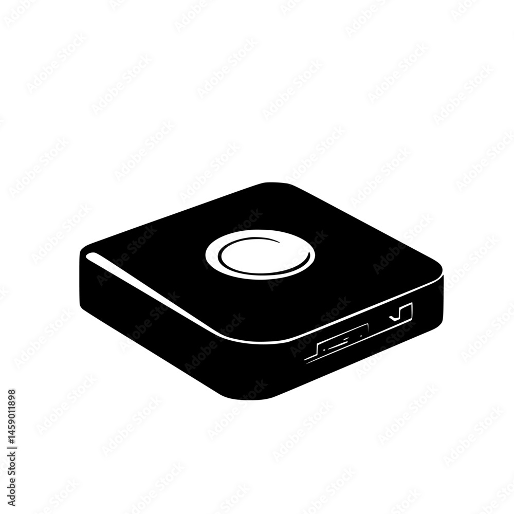 Poster compact black icon representing a rectangular device with a circular button on top and a port on the