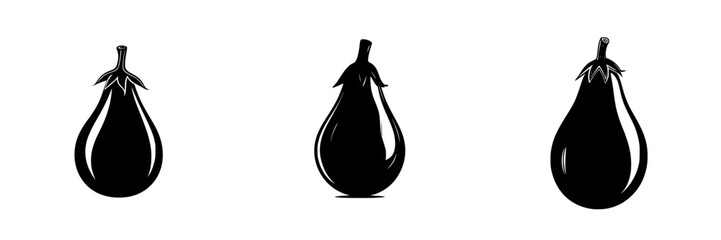 Black flat icons of eggplant illustrations representing various angles with a minimalist design