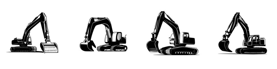 Fototapeta premium Black flat icon depicting various excavators in different positions and perspectives, showcasing construction machinery details and design