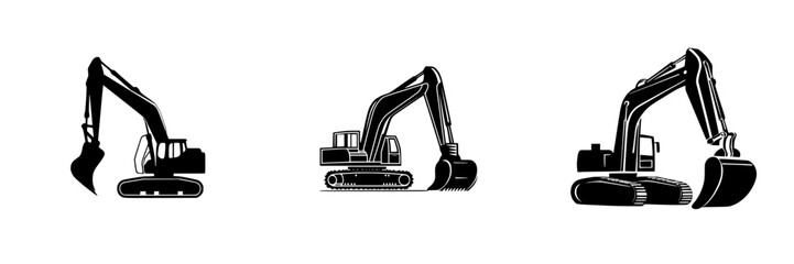 Flat black icons depicting excavators in three different positions for construction-related concepts