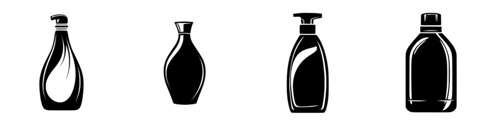 Various flat black icons representing different types of liquid containers commonly used in household settings for cleaning and personal care products