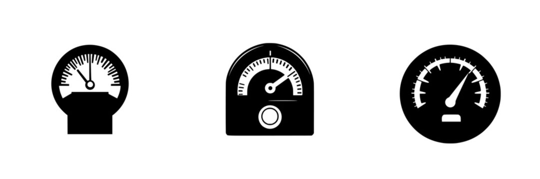 Flat black icons of various gauges depicting measurement scales commonly used in engineering and design for visual representation