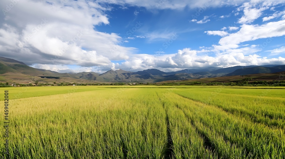 Poster serene landscape featuring a vast expanse of vibrant green rice paddy fields stretching towards maje