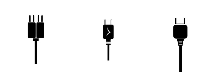 Icon collection of three flat black electrical connectors on a white background showcasing various plug designs used for devices